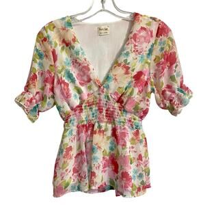 Peach Love California Blouse Small Floral Peplum Romantic Puff Sleeves V…